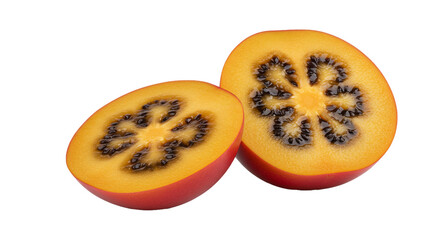 Fresh tamarillo fruit halves vibrant color food photography delicious healthy eating exotic ingredient on transparent background