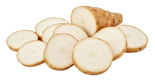 Fresh jicama slices vegetable root healthy food ingredient raw snack vegan diet nutrition delicious organic on transparent background