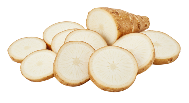 Fresh jicama slices vegetable root healthy food ingredient raw snack vegan diet nutrition delicious organic on transparent background