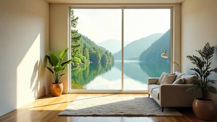 Serene Lakeside Living Room with Panoramic Window Views and Natural Light Illuminating Hardwood Floors