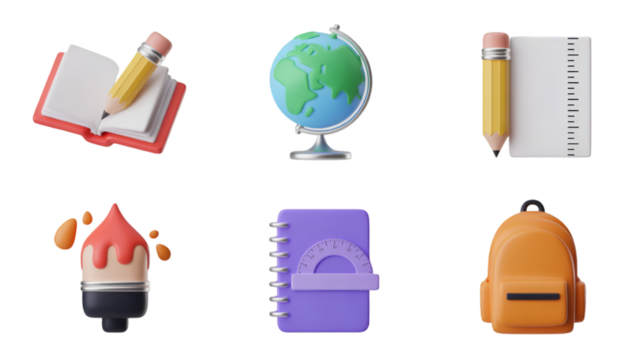 3D educational icons on transparent background school