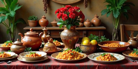 A Festive Table Setting with Earthenware Dishes Featuring a Savory Pea and Tomato Dish, Accompanied by Lemons and a Bouquet of Red Roses