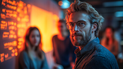 Thoughtful man in glasses engaged in collaborative workspace discussion
