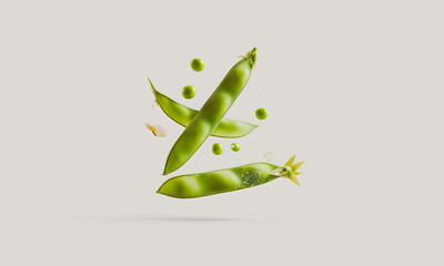 Artistic food levitation shot of deconstructed fresh snow pea ingredients in dynamic explosion. Concept of healthy, vegan, gourmet cooking and clean eating.