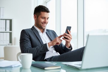 Obraz premium Relaxed businessman using smartphone at desk in office for communication and productivity