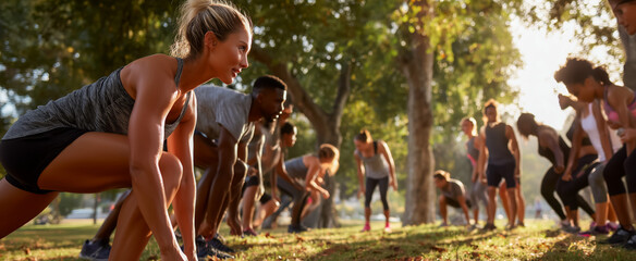 Group of people exercising outdoors in a park setting