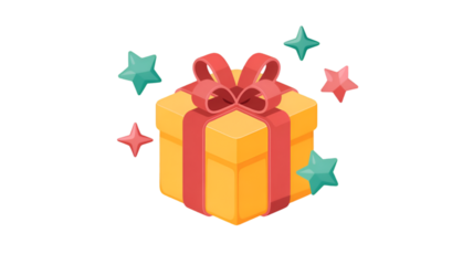 Yellow Gift Box with Red Ribbon and Teal Stars present