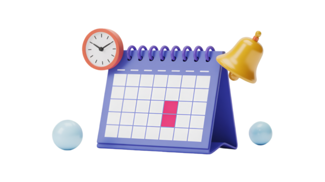 3D calendar with clock and bell on transparent background