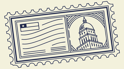 Obraz premium Illustration of a postage stamp with a flag and a building on a light yellow background