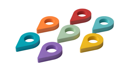 Assorted colorful map pin icons scattered on black