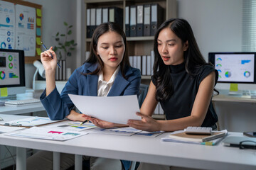 Two women are sitting at a desk looking at a piece of paper