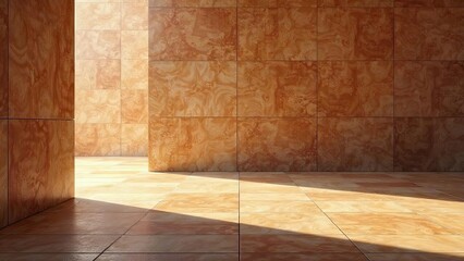 Naklejka premium Sunlit Interior with Warm-Toned Tile Walls and Floor, Creating a Serene and Minimalist Architectural Scene
