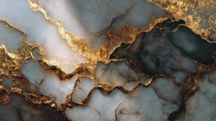 Fototapeta premium Golden Veins in Stone: A striking close-up reveals a dramatic dance of gold veins weaving through a cool, textured stone, capturing the timeless beauty of natural art. 