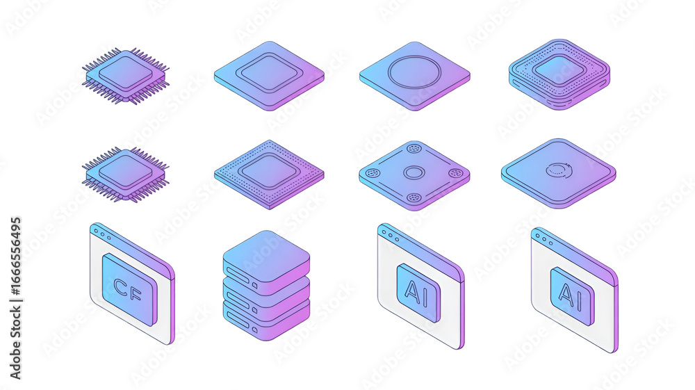 Poster isometric icons of computer chips and data storage
