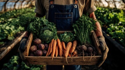 Nourishment from Nature's Embrace: A dedicated farmer cradles a wooden tray brimming with a colorful harvest of fresh, vibrant vegetables straight from the earth's bounty.