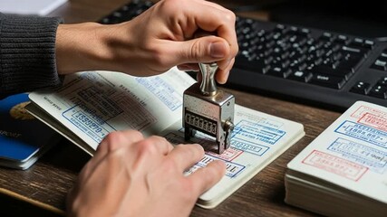 Close-up of Hands Stamping Passport Pages with Travel Visas and Dates, Bureaucratic Process