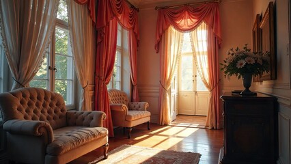 Obraz premium Sunlit elegance in a room with ornate drapes, plush seating, and antique furnishings