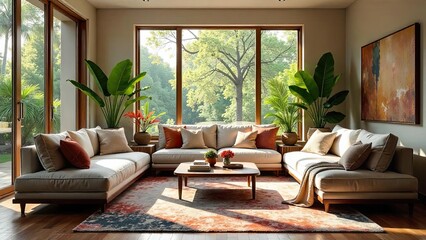 Serene Living Room with Sectional Sofa and Abundant Natural Light Streaming Through Large Windows