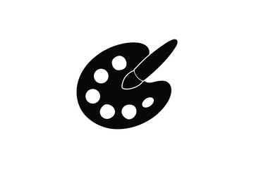 A black and white illustration of a painter s palette with a brush silhouette