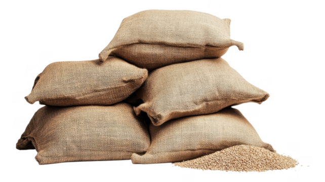Sacks of grain stacked on each other in transparent background with scattered grains
