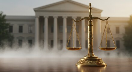 Golden justice scales embody legal balance law system equality and fairness in front of courthouse representing law and justice concepts