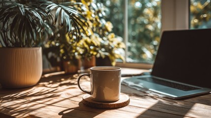 Cozy Workspace with Coffee and Laptop: An inviting workstation with a cup of coffee, a laptop, and indoor plants bathed in natural light creates a serene environment.