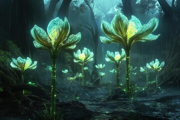 far future bio-engineered forests with glowing plants and giant flowers
