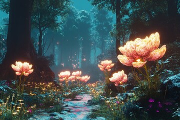 far future bio-engineered forests with glowing plants and giant flowers