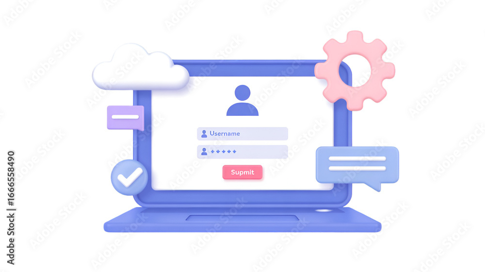 Poster 3d laptop with login screen and digital interface elements