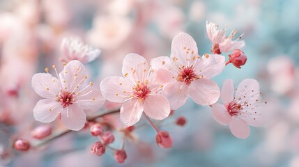 Obraz premium Cherry Blossom Branch in Soft Focus: Delicate cherry blossoms in full bloom, their soft pink petals and intricate details set against a dreamy, blurred backdrop.