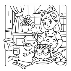 Cute girl is making a cake. Coloring page for adults and children.