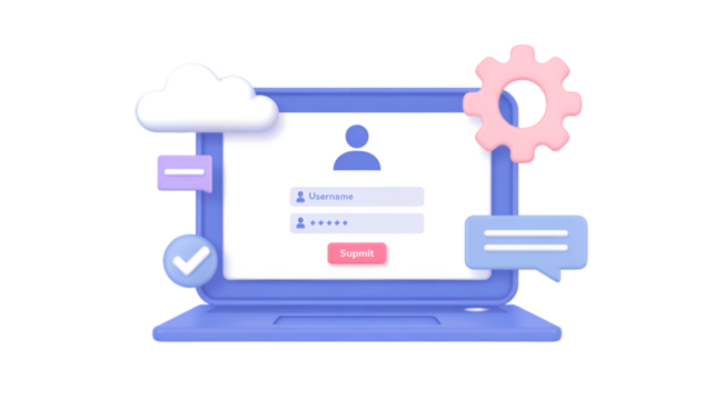 3D laptop with login screen and digital interface elements