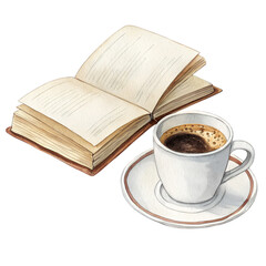 Open book and coffee cup resting on transparent background
