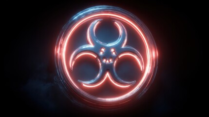 Futuristic biohazard symbol, glowing in dark lab, 3D illustration.