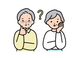 悩む・考え事をするシニア夫婦のイラスト素材