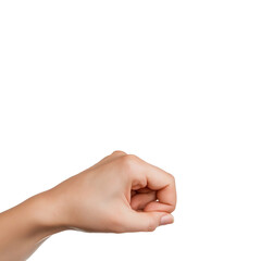 Hand of a man making a pinching gesture, isolated on a white background.
