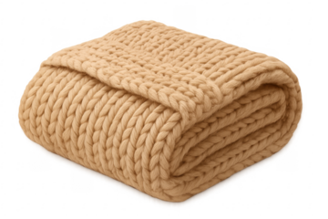 Folded knitted merino wool blanket on transparent background
