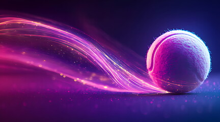 Glowing tennis ball with ethereal purple light trails floating on a dark reflective surface, sporty and futuristic concept.