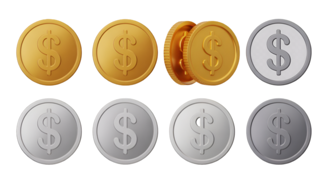 Assortment of Gold and Silver Dollar Coins with Overlapping Detail