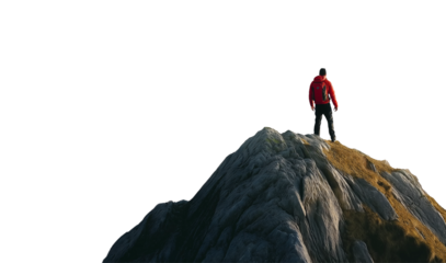 A man in a red jacket and black pants standing on top of a mountain, with a white background,