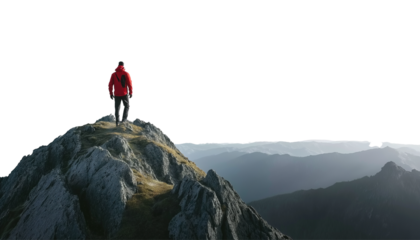 A man in a red jacket and black pants standing on top of a mountain, with a white background,