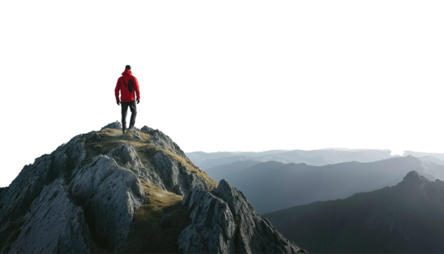 A man in a red jacket and black pants standing on top of a mountain, with a white background,