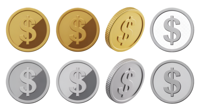 Collection of Gold and Silver Dollar Coins in Various Angles