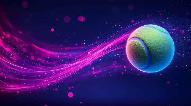Energetic tennis ball with flowing pink and purple neon light streaks on an abstract dark studio background, sporty dynamic motion.