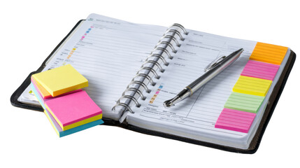 Open Planner with Pen and Colorful Sticky Notes on white background