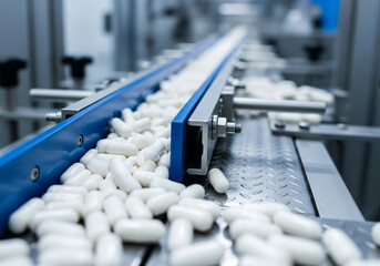 Precision Production: White Pharmaceutical Capsules on Automated Conveyor Belt