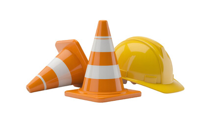 Orange Traffic Cones and Yellow Hard Hat Grouping construction