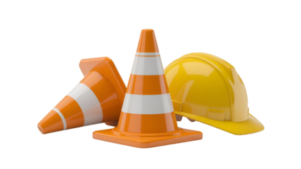 Orange Traffic Cones and Yellow Hard Hat Grouping construction