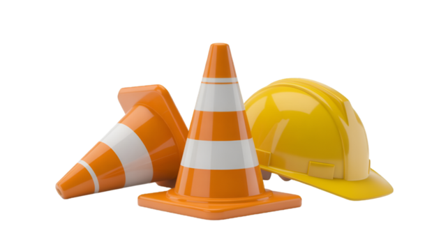 Orange Traffic Cones and Yellow Hard Hat Grouping construction