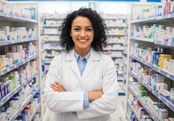 Confident Female Pharmacist Smiling in Modern Pharmacy Aisle, Ready to Assist